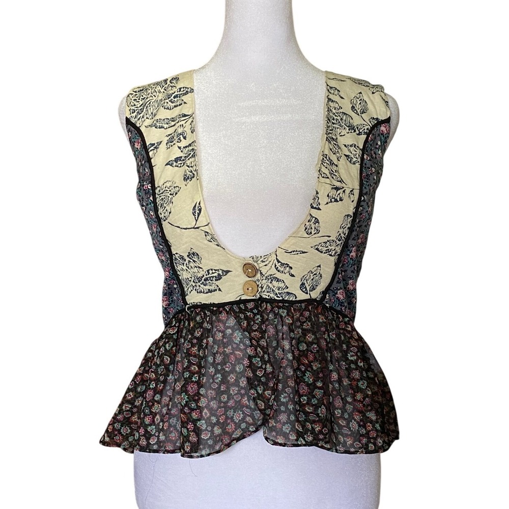 Floral Patchwork Ruffle Peplum Cream Top Medium Festival Milkmaid Cottage Fest